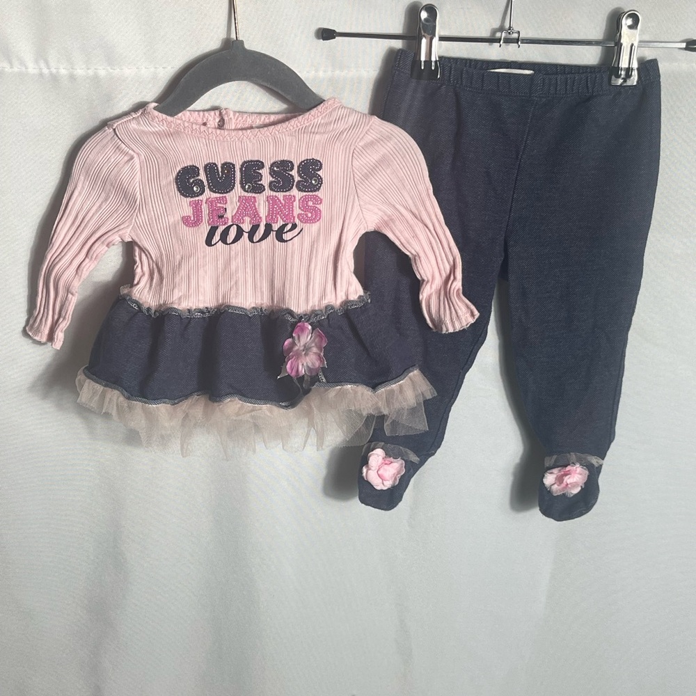 Guess Baby Girls 2-Piece Outfit Set Pink Top & Jeggings Size 3-6M Denim Tutu